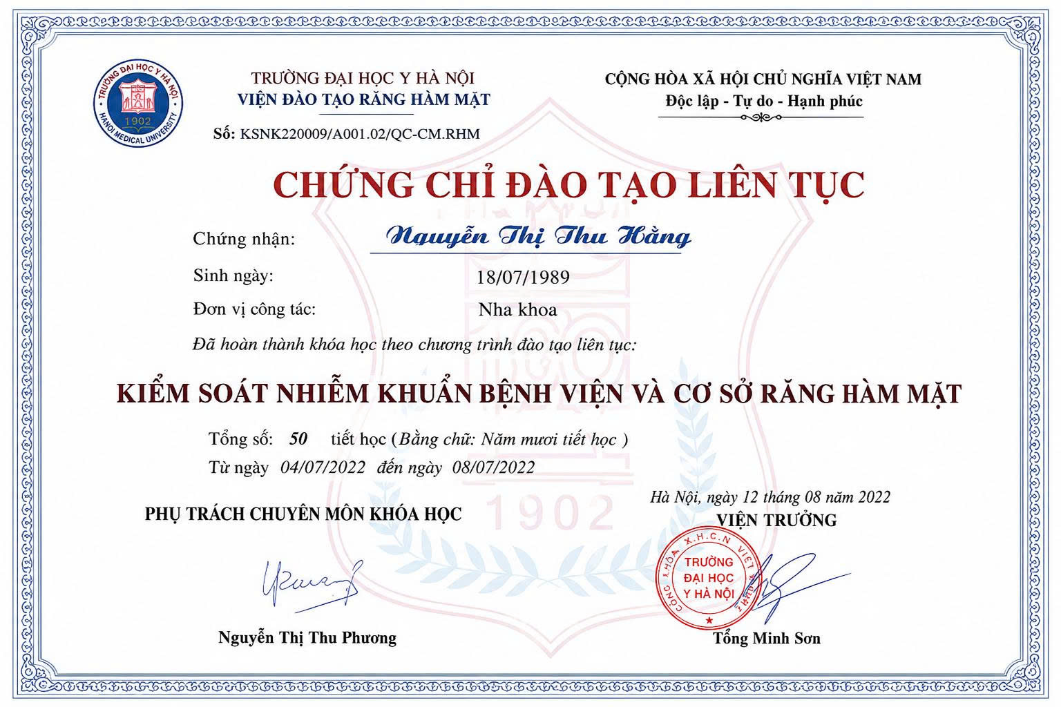 Hanoi Medical University certificates of the best dentist in hanoi