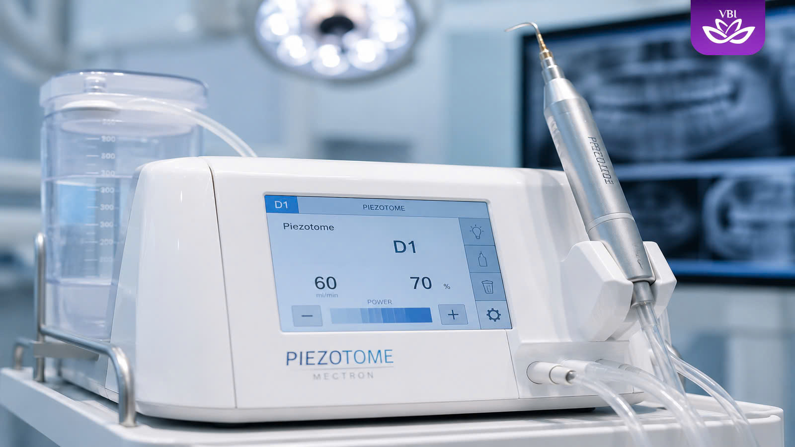 Piezotome machine focusing on the ultrasonic tip and saline irrigation - safe dental clinics in Vietnam