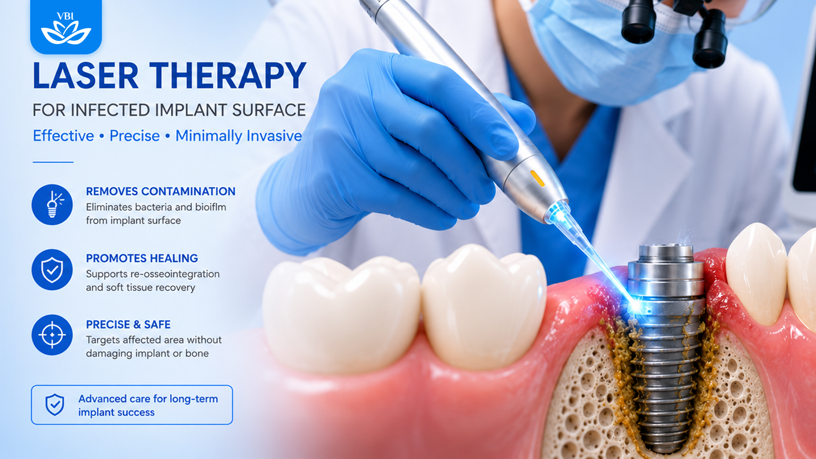 Dentist performing laser peri implantitis treatment for dental implant failure symptoms