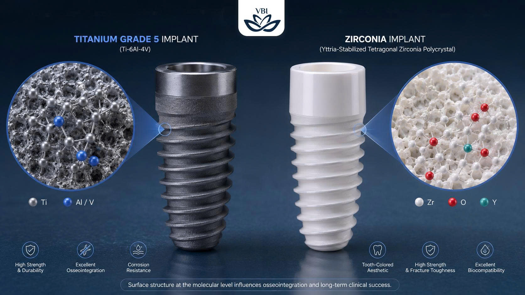 3D molecular structure of dental implant materials comparison titanium vs zirconia