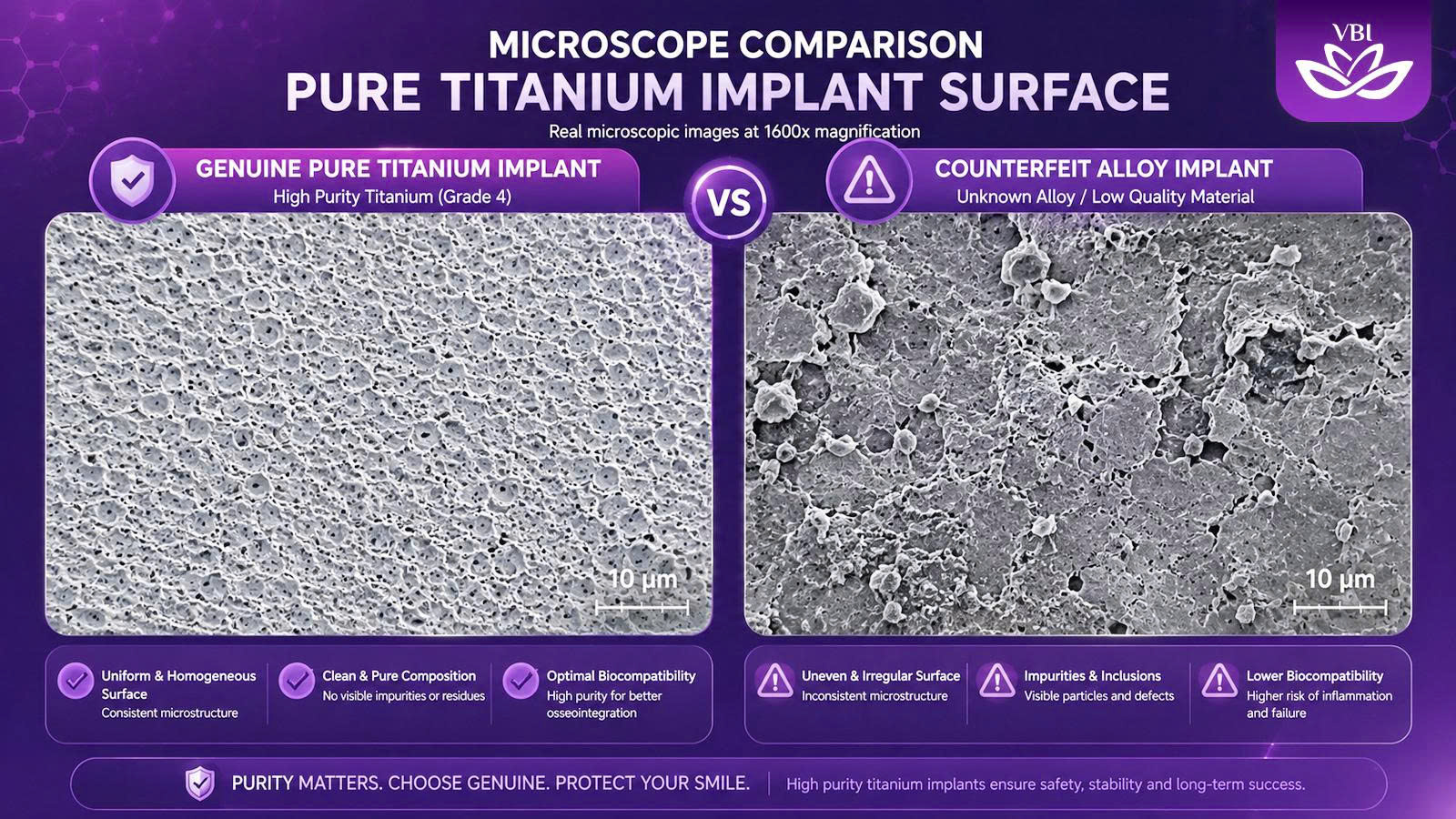 Microscopic view comparing high-quality pure titanium and cheap dental implants risks