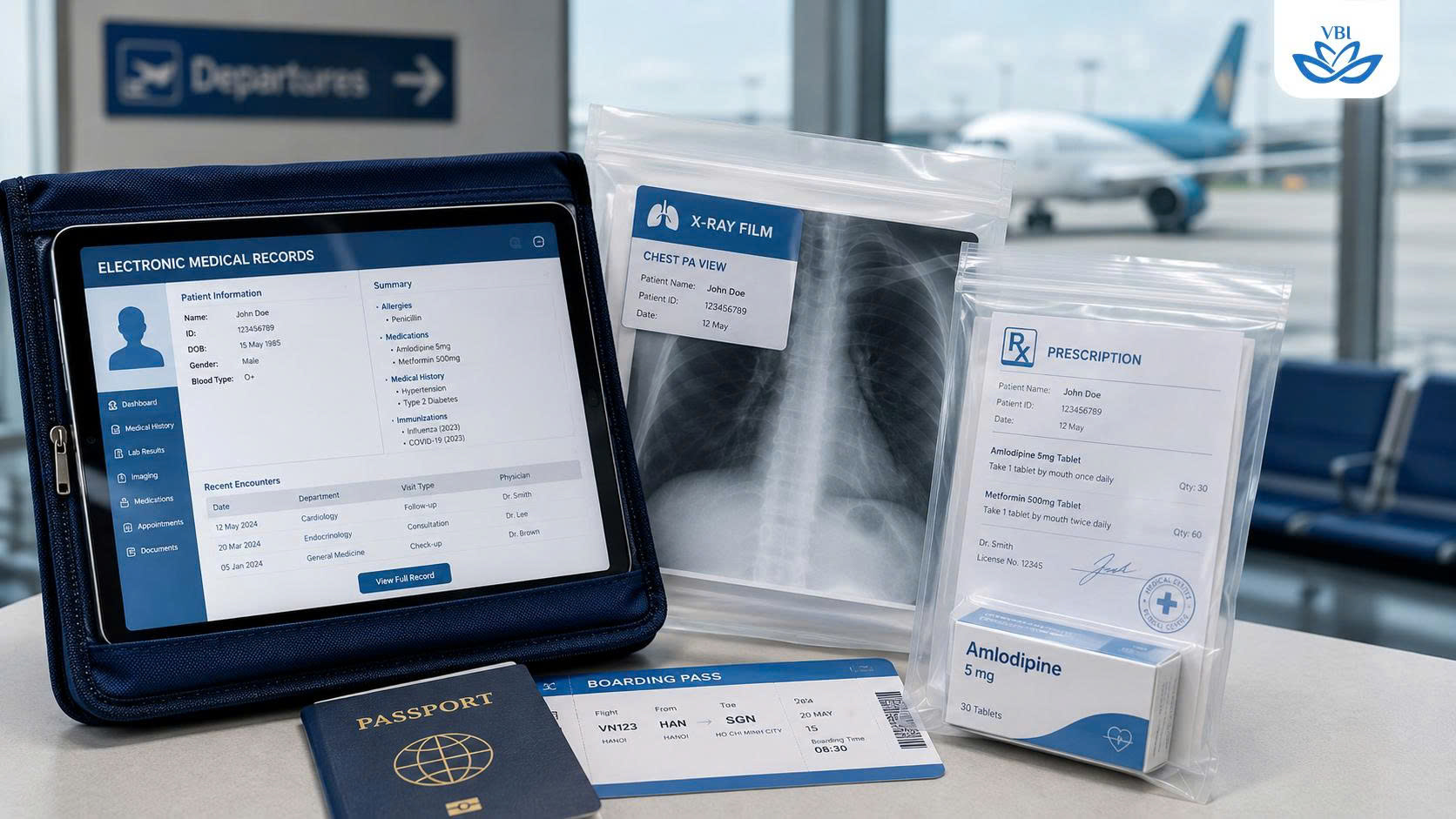 Essential medical records and imaging prepared for an upcoming trip traveling to Vietnam for teeth