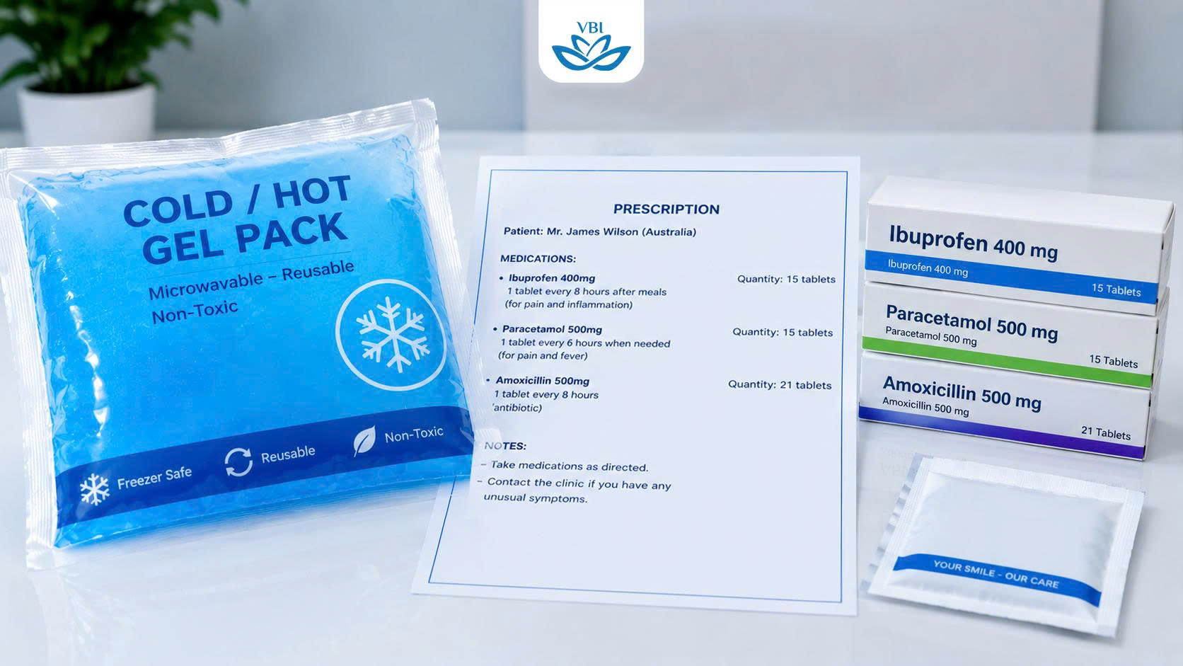 Ice pack and prescribed medication for managing pain after dental implant surgery