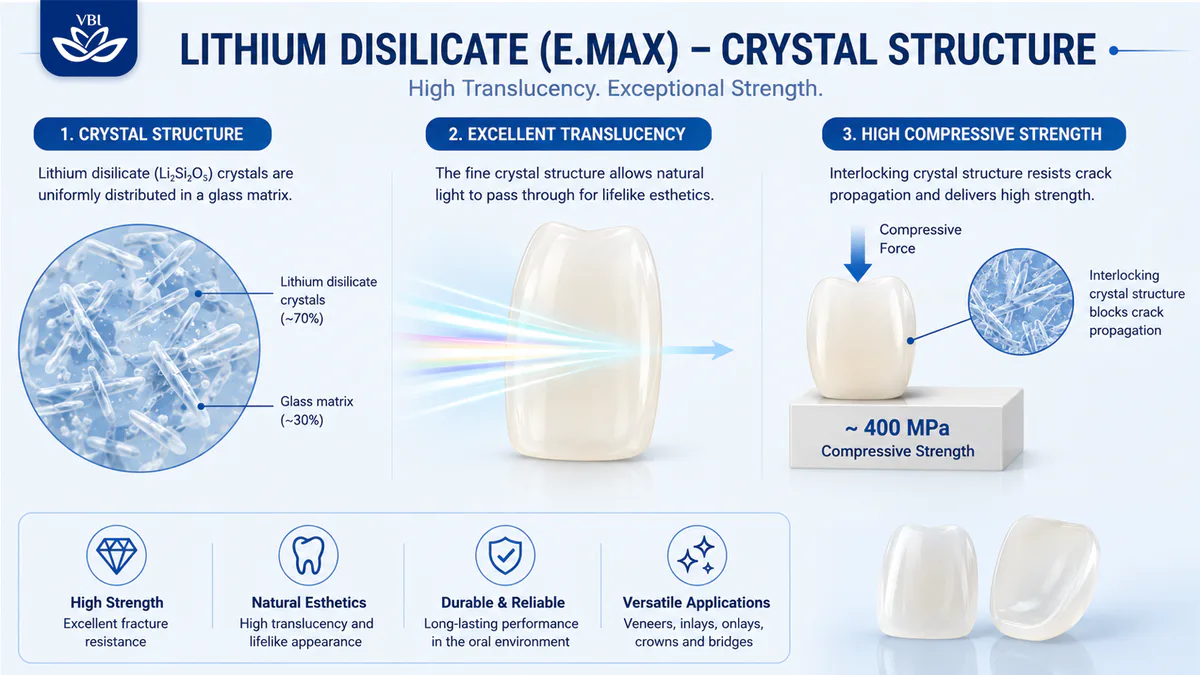 Micro-structural crystal scheme of IPS E.max lithium disilicate glass-ceramic showing high light transmission and compressive strength resistance for Emax veneers in Vietnam