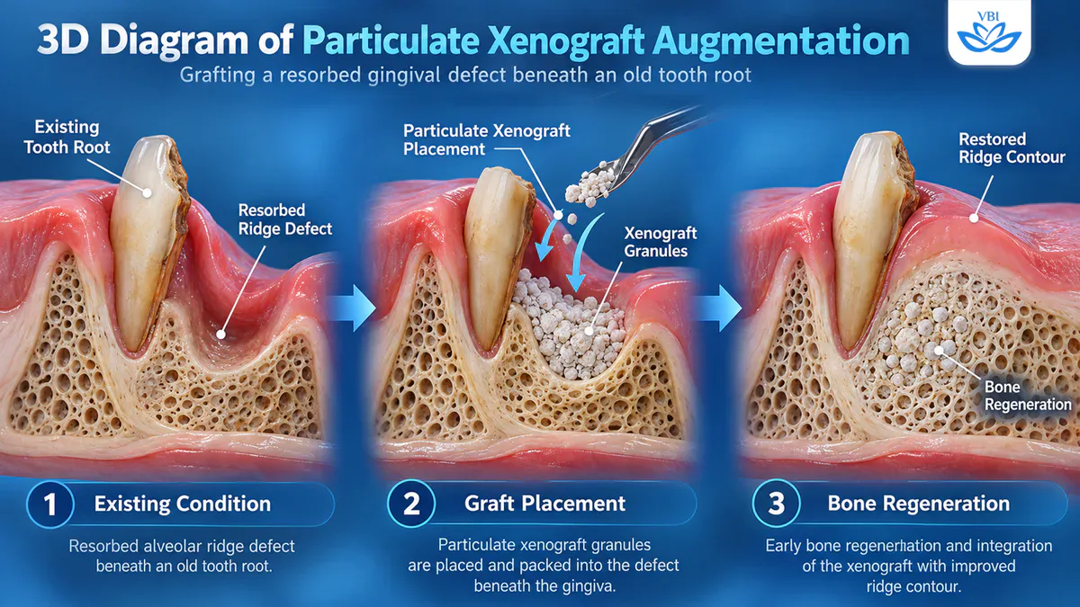 3D digital planning diagram showing bone graft granule placement in the resorbed jawbone socket